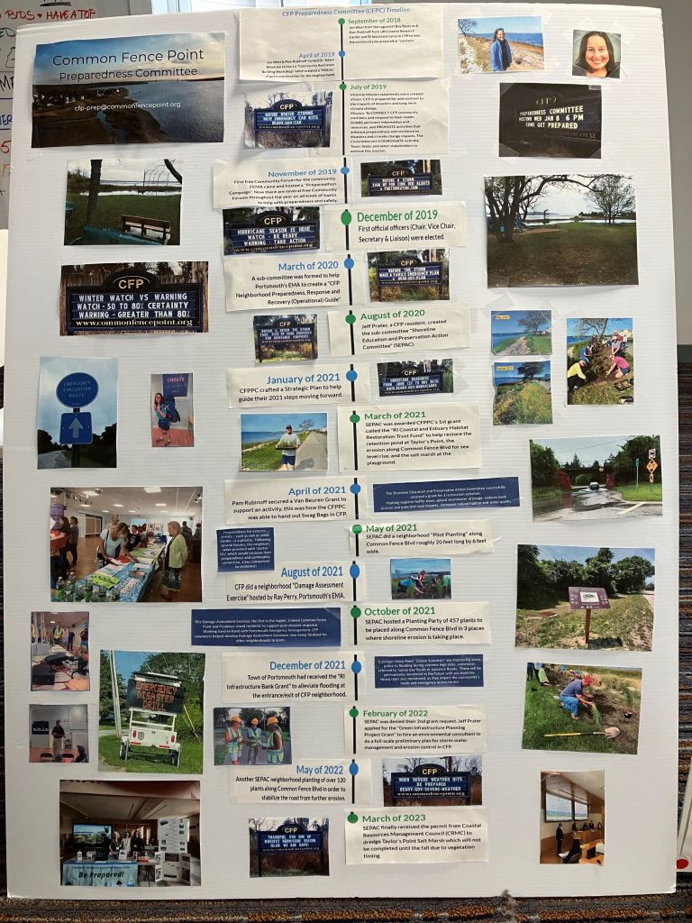 CFP Preparedness Committee Chair Nicole Gotovich made this timeline of the residents’ work to address shoreline erosion and flooding at the only entrance to their neighborhood. They showed it at the 2023 RI Preparedness Conference in June 2023. Photo taken on Tuesday, Feb. 27, 2024.