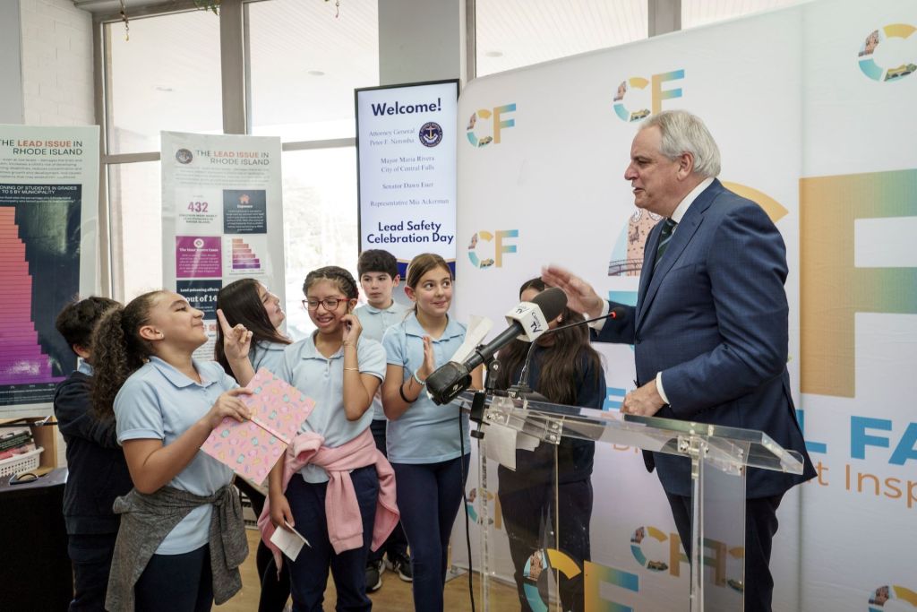 Attorney General Peter Neronha speaks to students in Central Falls about the risks of lead paint on October 24, 2023.